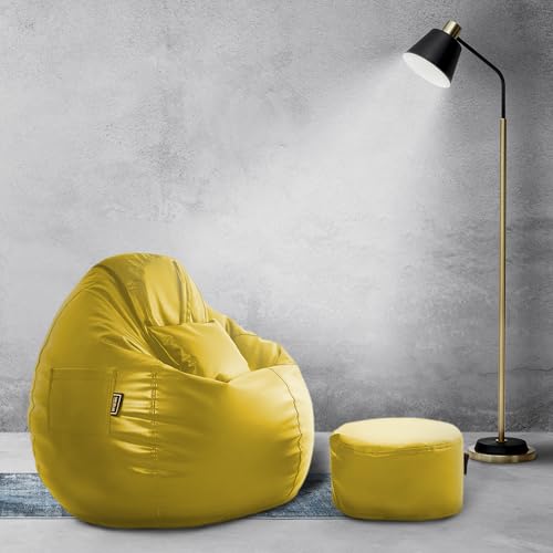 Image of Seventh Heaven 4XL Bean Bag Cover with Footrest and Cushion (Without Beans) | Premium Scratch Resistant Leatherette | (Leatherette Fabric - Yellow)