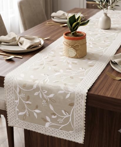 Image of Premium Embroidered Dining Table Runner 6 Seater | Washable Heat Resistant Fabric | Cotton-Silk Blend | Fits 4 & 8 Seater Dining Table | Centre Table Decor | 13 x 72 Inch | Ivory