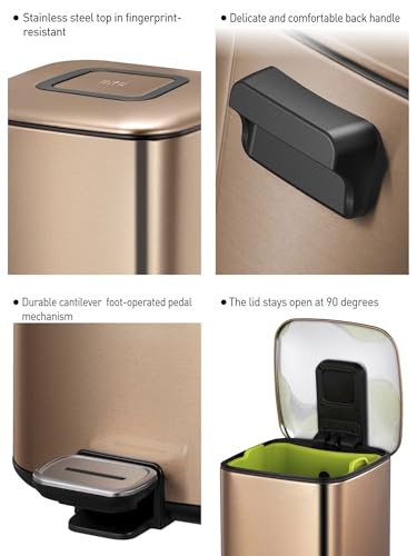 Image of Obsessions EKO Soft-Close Bathroom Trash Can - 6L Stainless Steel Pedal Bin with Lid & Liner, Elegant Bronze Copper Waste Basket for Home & Kitchen