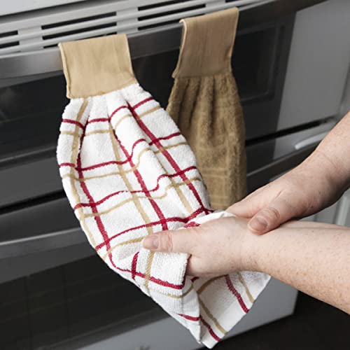 Image of Ritz Premium 100% Cotton Solid and Multi Check Kitchen Tie Towel Absorbent, Super Soft, and Fast Drying Hang Towel, Set of Three, Biscotti