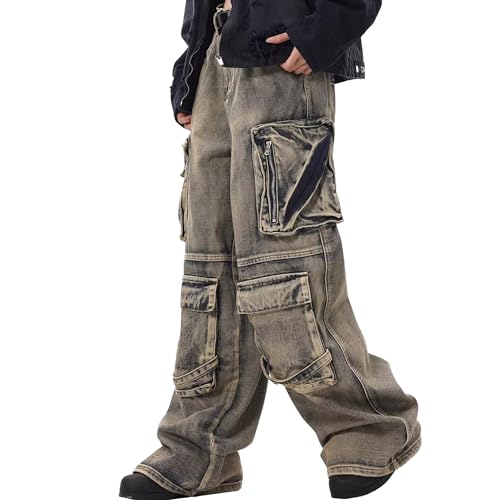 XYXIONGMAO Men's Loose Tactical Hip Hop Jeans Techwear Cargo Pants Grey Wasteland-Style Multi-Pocket Pants for Men