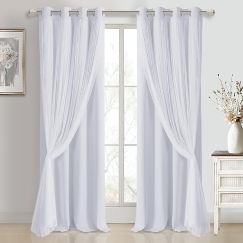 Image of DWCN White Blackout Curtains with Sheer Overlay with Tiebacks 108 Inch Long