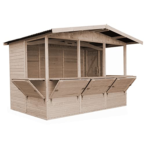 TIMBELA M150B Maison de Jardin en Bois, Étal de marché en Bois, Grand Stand de Vendeur avec comptoir, Cinq FENÊTRES, H232x336x263 cm/6m2, Facile à Monter et à démonter, Bar Jardin, Abri de Jardin