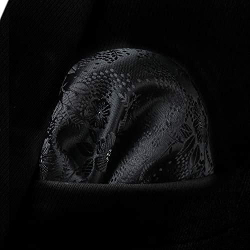 Hisdern Men Solid Black Floral Ties Woven Classic 3.4" Necktie Set Formal Tie Pocket Suqare For Wedding Business With Handkerchief Gift Box #TOP4