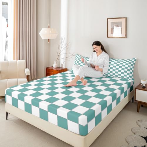 Image of Erosebridal Teal Plaid Bed Sheets Queen Turquoise Checkered Sheet Set Geometric Grids Gingham Bedding Set for Kids Boys Girls,Soft Lightweight Fitted Flat Sheets 4 Piece
