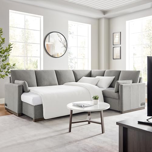 Image of Serta Emmett 110.2 inch Convertible Sleeper Sectional, Queen Size, Dreamcoil Comfort, Reversible Storage Chaise, USB-C and USB-A Power Ports, Woven Fabric, Light Grey