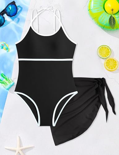 Image of WIQI Girls Swimsuit One Piece Bathing Suit Color Contrast Trim Girls' Swimwear with Cover Up Skirt Size 9-16