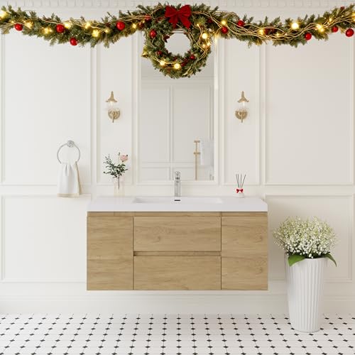 Image of KEIKI 48'' Wall-Mounted Bathroom Vanity with Sink - Floating Design, 2 Soft-Close Drawers & Doors & Resin Basin, Space-Saving for Small Bathrooms, Natural Oak