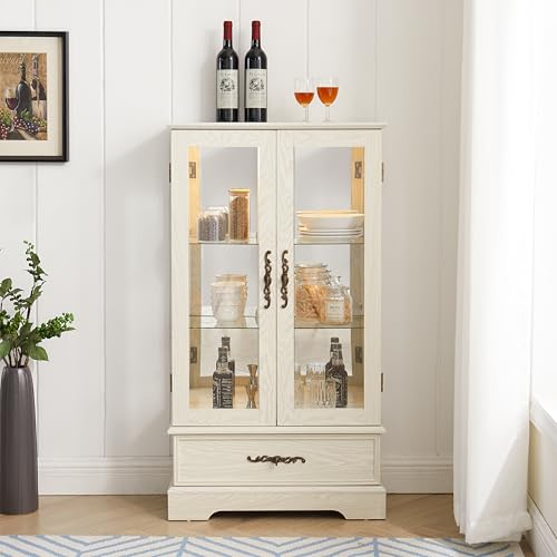 Image of 47 inch H Lighted Curio Cabinet Display Case, Glass Case with Adjustable Shelves,Tempered Glass Door and Drawer, Wooden Curio Cabinet with Mirrored Back Pane for Living Room (Antique White)