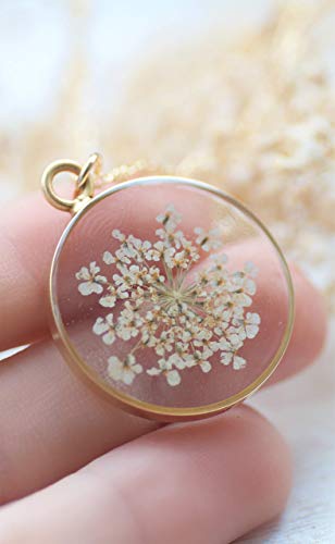 Olive Bella™ Handmade Pressed White Flower Necklace For Women Queen Anne's Lace 14K Gold Filled Chain 18 Inches #TOP4