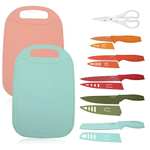 Tiergardm 13 Pieces Boxed Color Knife Sets with Blade Guards 8'' Chef's Knife 8'' Bread Knife 8'' Slicer Knife 5'' Utility Knife 3.5'' Paring Knife 3.2'' Kitchen Shears and 2 Cutting Mat Board