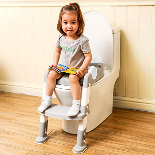 Image of Potty Training Seat with Step Stool Ladder for Kids and Toddler,Wiifo Sturdy Potty Ladder with Soft Padded Cushion for Boys and Girls,Toddler Toilet Training Seat Chair(Grey White)