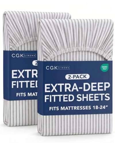 Image of CGK Linens 2 Pack Extra Deep Cal King Fitted Sheets - Grey Stripes
