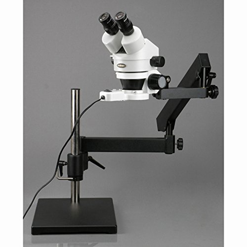 Image of AmScope SM-7B-FRL Professional Binocular Stereo Zoom Microscope, WH10x Eyepieces, 7X-45X Magnification, 0.7X-4.5X Zoom Objective, 8W Fluorescent Ring Light, Articulating-Arm Boom Stand, 110V-120V