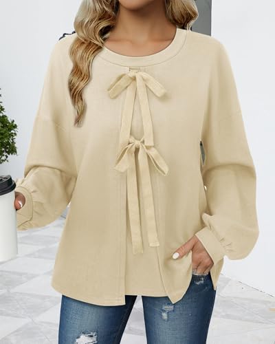 Image of Vivilli Women's Tie Front Knit Tops Long Lantern Sleeve Shirts Crewneck Sweatshirts A-Line Patchwork Fall Fashion Tunic