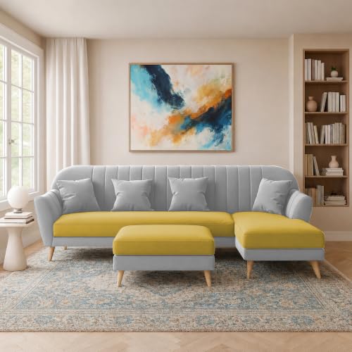 Image of Atticus RHS 6 Seater L Shape Sofa Set with Ottoman Living Room (Yellow Grey Colour Fabric) Premium Fabric Sofa Set for Living Room