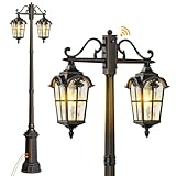 VDKK Outdoor Lamp Post Light with GFCI Outlet, Dusk to Dawn Black Outside Pole Lights, Double Head Exterior Street Lighting Fixture for Backyard Driveway Garden Patio Pathway