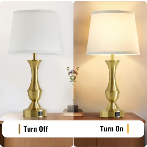Image of Luvkczc 22 inch Gold Table Lamps Set of 2 - Modern Luxury Bedside Lamps | White Fabric Shade, Dimmable & Dual USB C+A Ports, Nightstand Lamps for Bedroom /Living Room (Bulb Included)