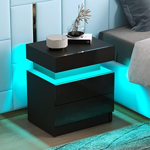 CHF DPT LED Nightstand with 2 Drawers, Small Modern Nightstand with LED Lights and Countertop Storage, High Glossy Bedroom Nightstand for Bedroom and Living Room (Black)