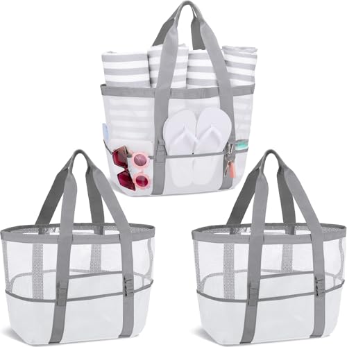 Image of Hillban Large Beach Mesh Bags Bulk for Women Beach Tote Bag with 8 Pocket Zipper Waterproof Sandproof for Pool Cruise Ship