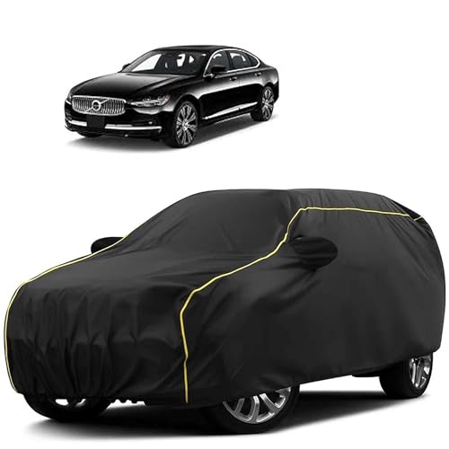Image of Sulfar 100% Water Resistant Car Body Cover Compatible with Mirror for Volvo S 90 (Triple Stitched, Full Bottom Elastic, Black Tafetta with Yellow Piping)