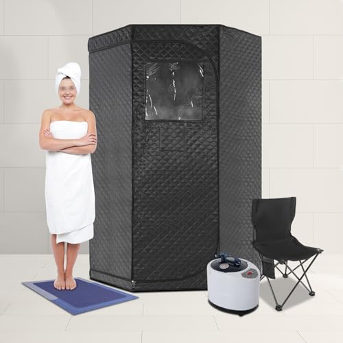 QIUTMER Portable Sauna for Home Spa Relaxation, Full Size Personal Pentagon Sauna Tent with 3L 1500W Steamer, Remote Control, Folding Chair and Mat, 9 Levels Heat, Black