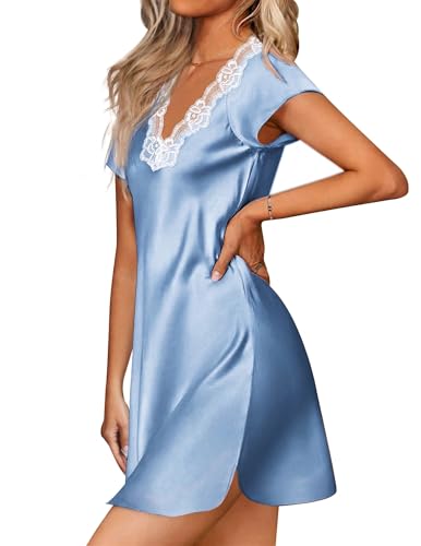 Image of Ekouaer Satin Nightgowns for Women Lace Nightgown Short Sleeve Nightshirt | Satin Night Gowns Women Sexy, Short Sleeves Night Dress, Lace V Neck, Above Knee Length, Cocktail Dates,Bridal Nightgowns