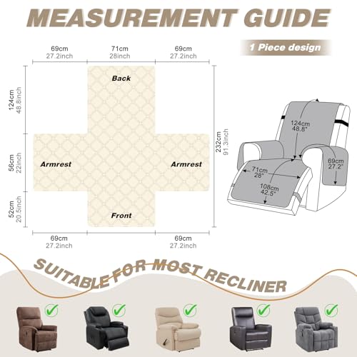 Image of TAOCOCO 100% Waterproof Recliner Covers, Recliner Sofa Covers with Leg Straps, Reversible Recliner Couch Cover for Reclining Chair, Washable Couch Protector for Pets Kids(1 Seater 28 inch, Khaki)