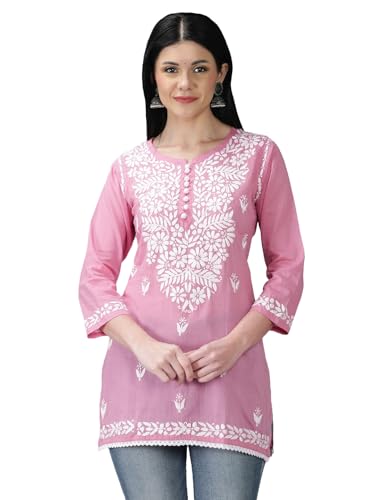 Image of Seva Chikan Hand Embroidered Lucknowi Chikankari Cotton Short Top Tunic for Women SCL9017