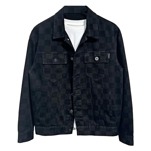 DGHM-JLMY Mens Casual Black Button Down Denim Jacket Spring Autumn Loose Lapel Coat Long Sleeve Denim Jacket