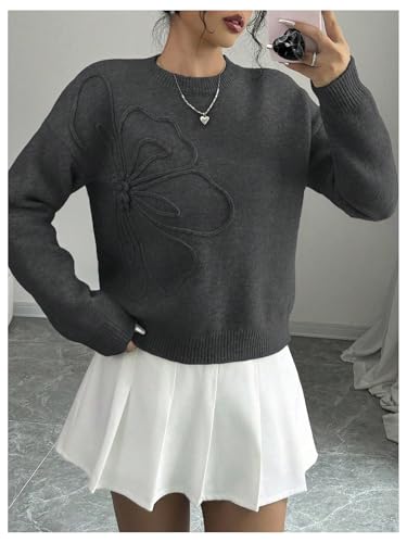 Image of RoseSeek Women's 3D Floral Appliques Crewneck Sweaters Long Sleeve Drop Shoulder Pullovers Elegant Knit Tops