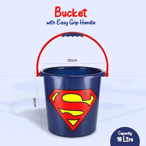 Image of Nayasa Kids Superman Print Bathroom Set of 3 for Children | 18 LTR Bucket, 1 LTR Mug and Stool Combo | Sturdy and Durable | Lightweight and Rigid | Easy to Clean and Attractive Design | Blue