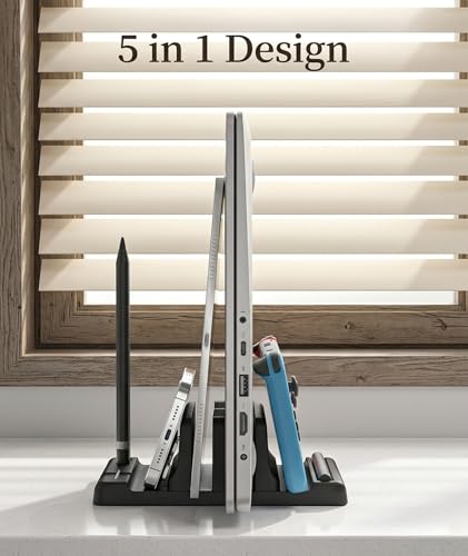 Image of Vertical Laptop Stand, Space Saving Design for Desk Organization, Dual Slot Laptop Holder for Laptop and Tablet, Compact Vertical Stand for Home Office and Dorm Rooms, Black Color