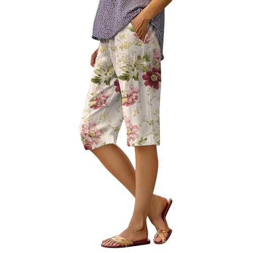 Linen Bermuda Shorts for Women Knee Length 2024 Trendy Lightweight Shorts Casual Summer Beach Shorts with Pockets