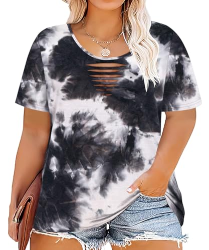 Image of CARCOS Plus Size Tops for Women Short Sleeve Shirts Basic Tee Solid Color Blouse V Neck Tunic Loose Fit Tshirts Summer XL-5XL
