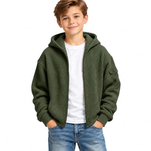 Kids Zip Up Hoodie Waffle Knit Long Sleeve Boy Sweatshirt Jacket Size 8-10 - image 4