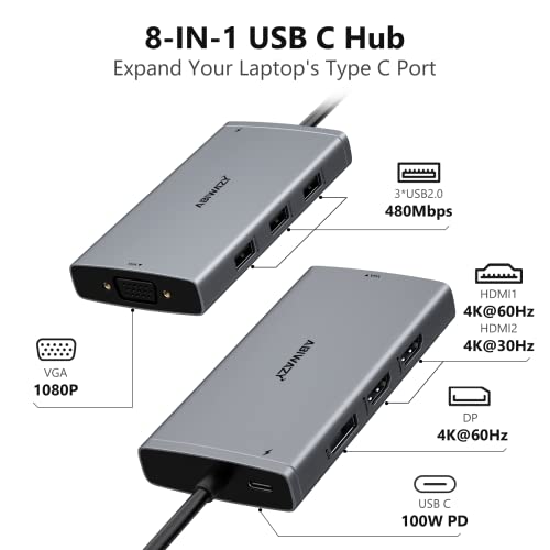 ABIWAZY USB C Docking Station Dual Monitor for HP Dell Lenovo Thinkpad Surface, 8 in 1 Computer Multiple Monitor Hub Adapter to Dual 4K HDMI, DisplayPort, VGA, 100W PD, 3 USB 2.0 for Windows Laptops - Thumbnail 2