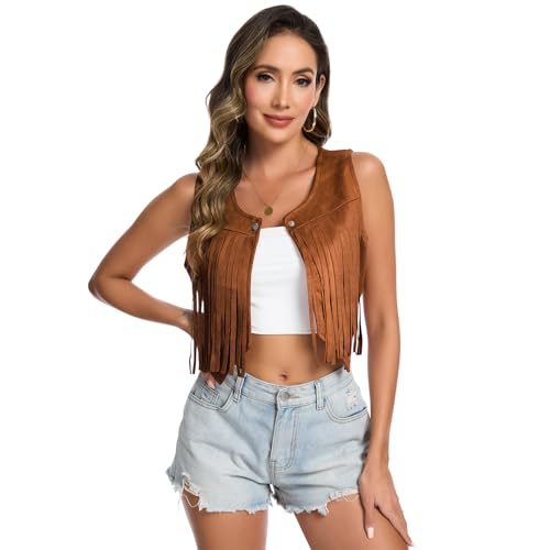 Women's 70s Hippie Vest Disco Outfits Fringe Vest 60s Faux Suede Sleeveless Tassel Cowgirl Jacket Party Halloween2