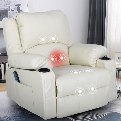 White Recliner Rocker Chairs with Heat,Massage Chair Recliner Leather Swivel Recliners for Living Room, Manual Reclining Lounge Chairs Overstuffed Single Sofa Chair for Adults