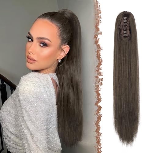 FESHFEN Langer Pferdeschwanz Haarteil - Glatte Braun Zopf Extensions mit Klammer Synthetik Haarverlängerung Claw Clip in Ponytail Haare Extension für Damen, 63 cm