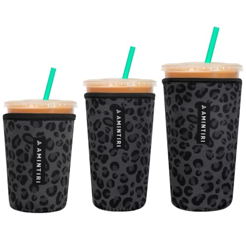 Image of 3 Pack Reusable Sleeve for Iced Coffee Cup, Coffee Neoprene Sleeve for Iced&Hot Drinks, Coffee Sleeve Compatible with Starbucks, Dunkin Coffee Cup. (Black Leopard Walk)