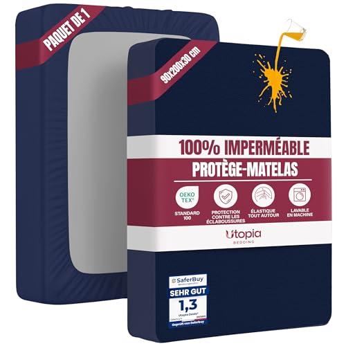 Utopia Bedding Protège Matelas 90 x 200 x 30 cm Imperméable, Certifié Oeko TEX, Alèse Drap Housse, Matelas Couvre, Respirant, Élastique Tout Autour Bleu Marine