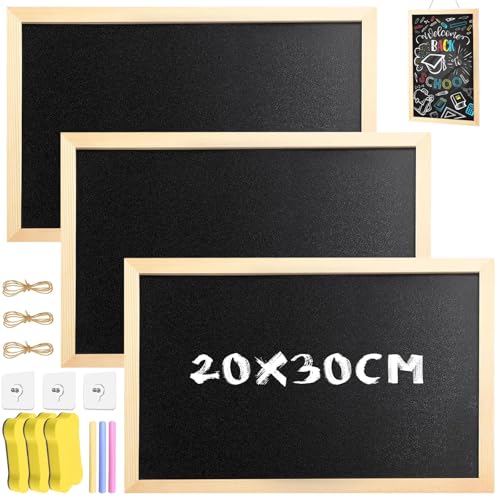 Amentalove 3PCS Pizarra de Tiza 30 x 20 cm, A4 Pizarras de Madera, Pizarra Pared, Pizarra Negra, Pizarra Pequeña y 3 Esponjas 3 Craie, Pizarras Infantiles para Niños, Restaurantes, Escuelas, Fiestas