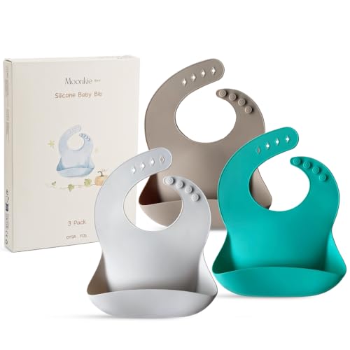 Image of Moonkie Silicone Baby Bibs Set Of 3, BPA Free Soft Adjustable Fit Waterproof Feeding Bibs for Babies and Toddlers(Kallaite/Lunar Grey/Offwhite)