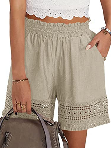 Shorts for Women Casual Elastic Waist Yoga Lounge Shorts Comfy Stretch Lace Trim Summer Beach Linen Ruffle Shorts Khaki