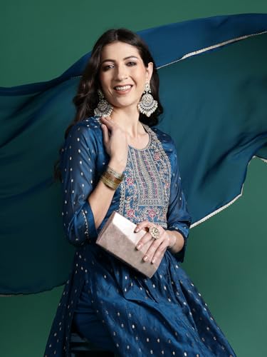Image of INDO ERA Women's Chanderi Silk Embroidered A-Line Kurta Pant With Dupatta Set