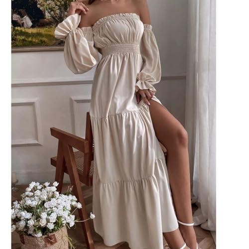 Dresses for Women 2024 Casual Straight Neckline Off-The-Shoulder Ruffles Long-Sleeved High-Slit Dress2