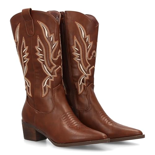 shoes&blues.es 95439 Bota Cowboy para Mujer de Cana Alta con Bordados Multicolor. Punta Fina y Tacon Ancho, Ideal para Otono Invierno. Marron Talla 38