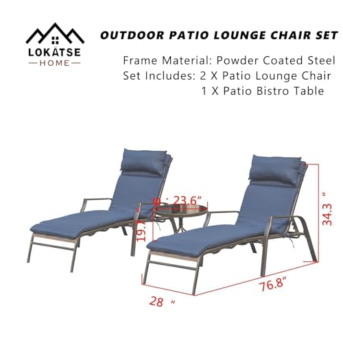 Image of LOKATSE HOME 3 Pieces Outdoor Patio Chaise Lounges Chairs Set Adjustable with Folding Table, Dark Blue Cushions