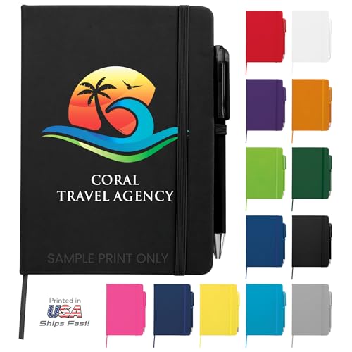 Personalized Notebook Journal – 5” x 7” – 12 Pack – Customized Notebook with Name, Text or Logo - 100 Page Custom Journal, Leatherette Hardcover & Pen - Black